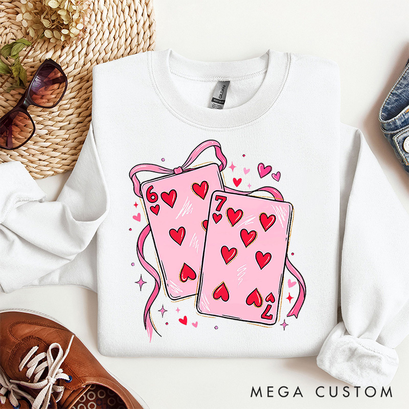 Personalized Girlfriend Wife Playing Cards Bow Tie 67 Sweatshirt with Name Couple Funny Coquette 6 7 Number Meme Matching Valentines Day Sweatshirt