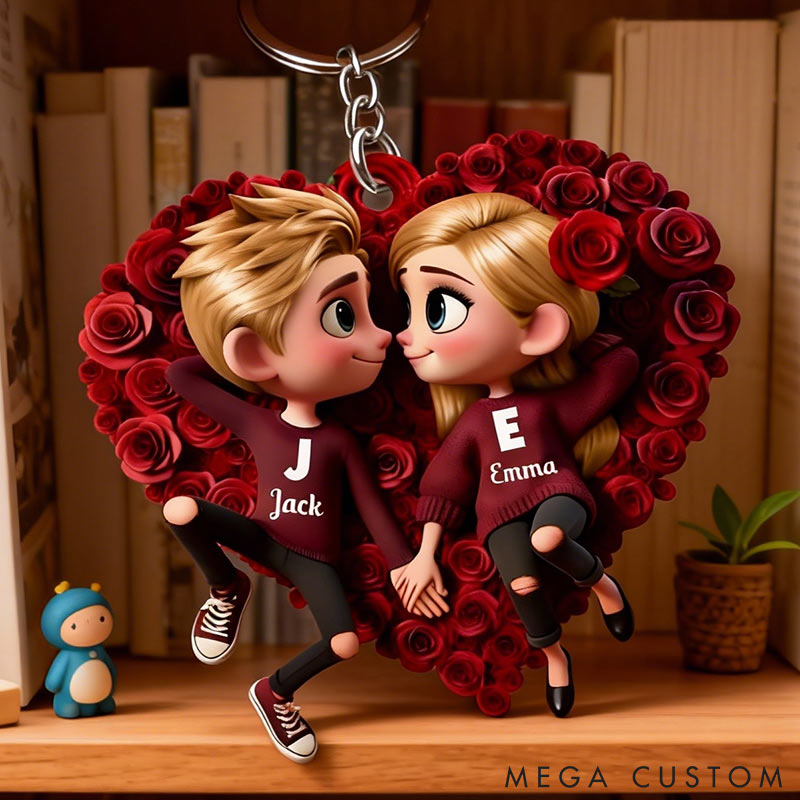 Personalized Couple Rose Heart Keychain Custom Features Initial Names Keychain Romantic Gift for Valentine's Day Gift for Couple For Him Her