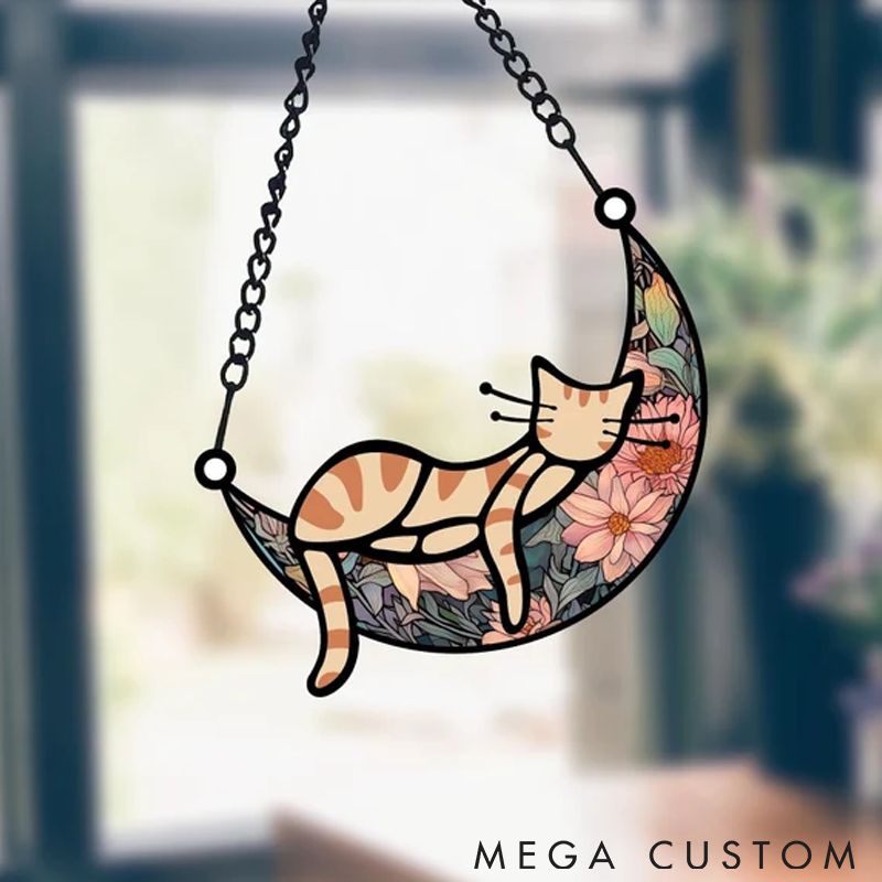 Personalized Cat Lover Sleeping Cat on Moon Sun Catcher
