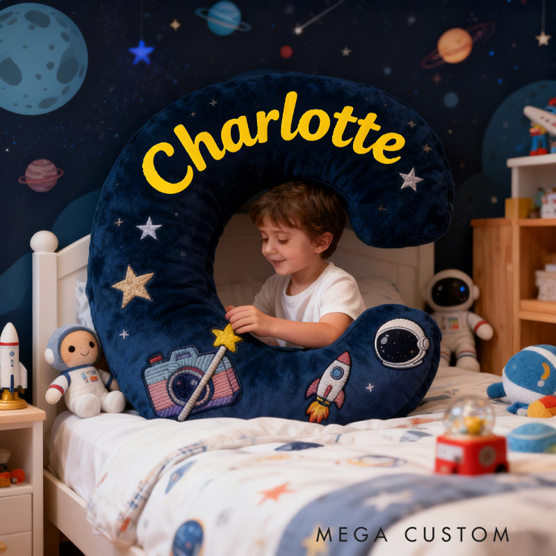 Personalized Graphic 3D Print Camera Planet Letter Pillow with Your Own Name and Initials Soft Stuffed Toy for Kids Unique Decorative Cushion for Boys' Room