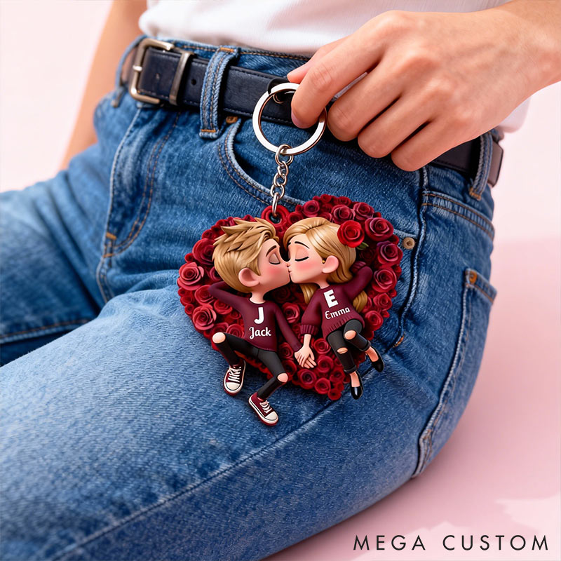 Personalized Couple Rose Heart Keychain Custom Features Initial Names Keychain Romantic Gift for Valentine's Day Gift for Couple For Him Her