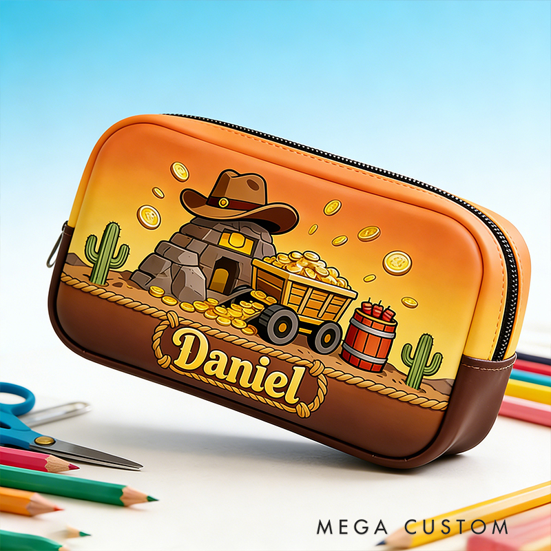 Personalized Cowboy Mining Pencil Case – Custom Name with Gold Mine & Cactus Design