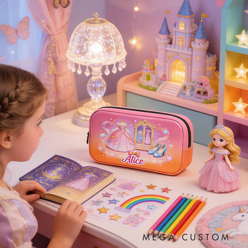 Personalized Enchanted Princess Pencil Case – Personalized name with Ballgown & Magic Mirror Design