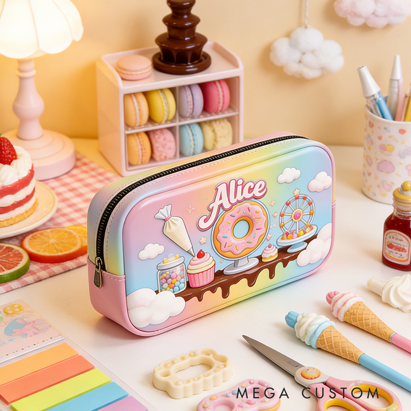 Personalized Pastel Dessert Carnival Pencil Case – Custom name with Donut Ferris Wheel & Cupcakes