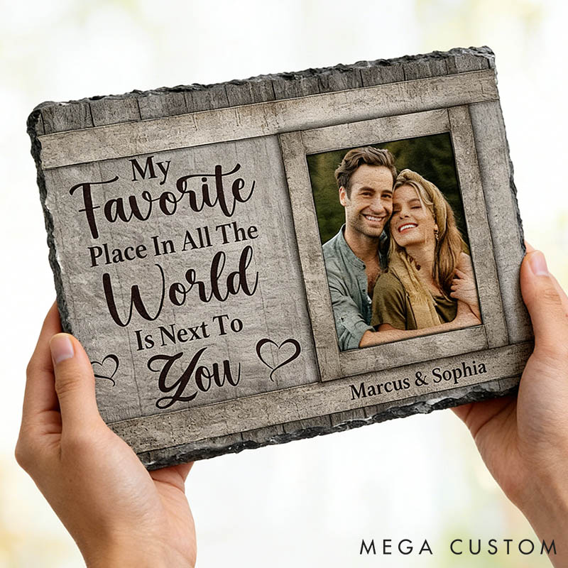 Personalized Couple Photo My Favorite Place in All the World is Next To You Rectangle Shaped Stone with Stand Anniversary Gift Valentines Day Gift