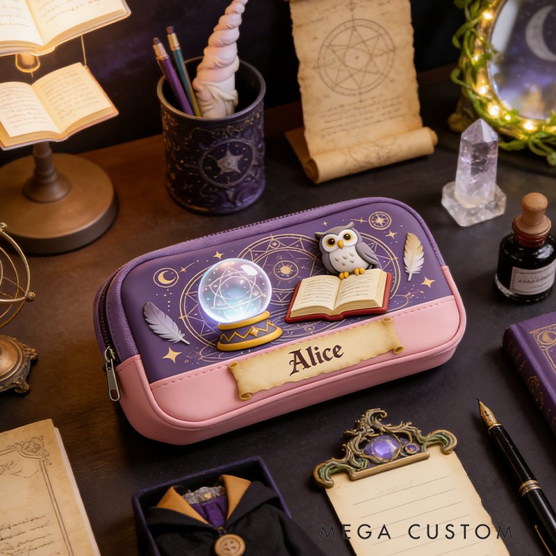 Personalized Mystical Owl Magic Pencil Case – Personalized with Crystal Ball & Spellbook Design