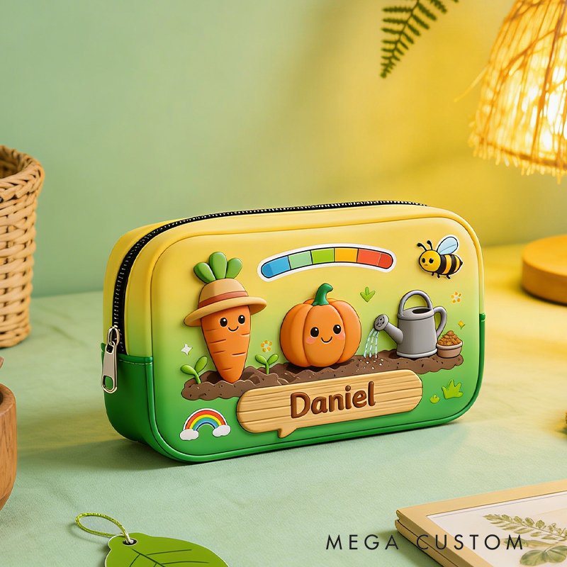Personalized Cheerful Garden Pencil Case – Custom name with Smiling Carrot, Pumpkin & Rainbow