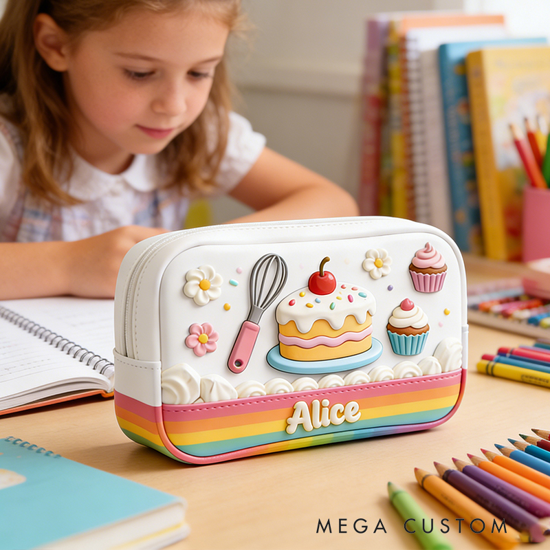 Personalized Sweet Celebration Pencil Case – Custom with 3D Cake, Cupcakes & Rainbow Trim