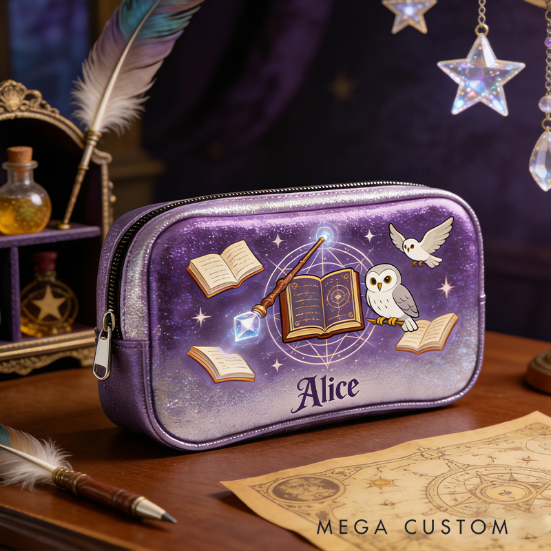 Personalized Wizard’s Library Pencil Case – Personalized with Floating Books, Owl & Crystal