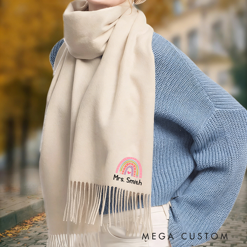 Personalized Teacher Scarf Custom Name Embroidered Rainbow Shawl Gift for Teacher Girlfriend or Women Solid Color Winter Wrap