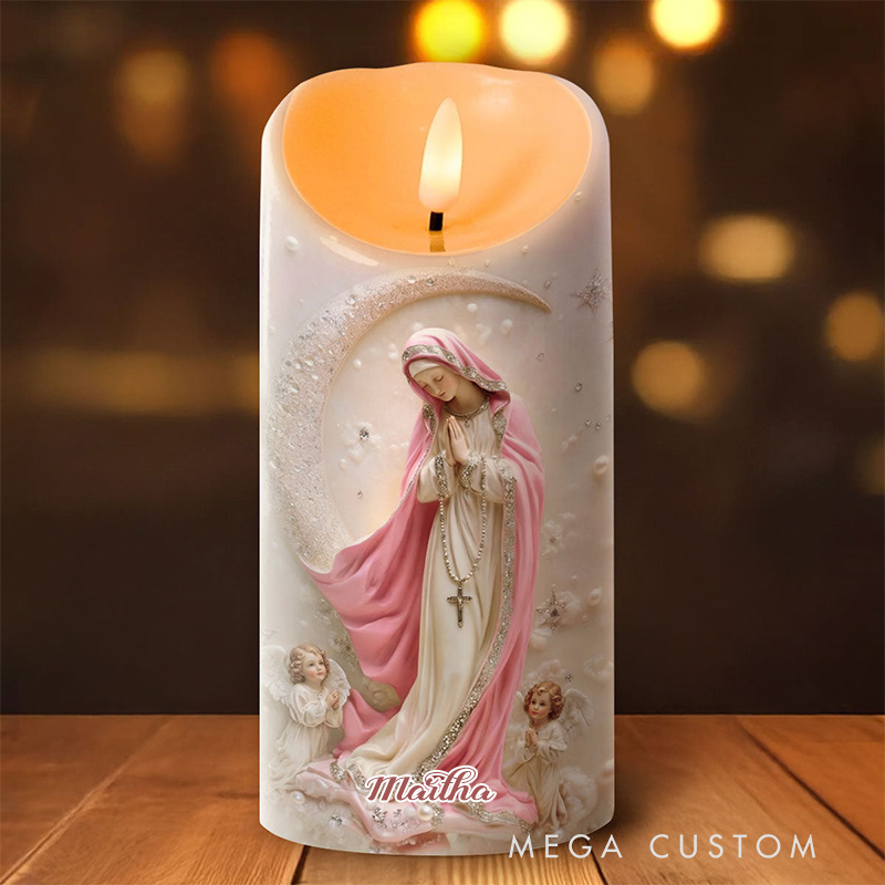 Personalized Soft Light Sacred Night Virgin Mary Flameless LED Candle with Name Catholic Gift Religious Decor Prayer Faith Gift