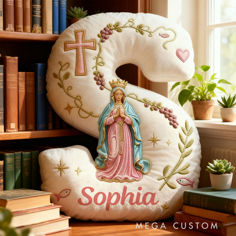 Personalized Cross Virgin Mary Letter Pillow with Custom Name Home Decor Graphic 3D Print Pillow Religious Faith Gift Catholic Gift