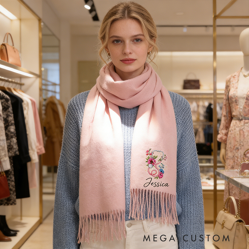 Personalized Nurse Scarf Custom Name Stethoscope Floral Embroidered Shawl Gift for Nurse Girlfriend or Women Solid Color Winter Wrap