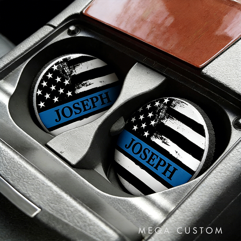 Personalized Custom Police Thin Blue Line Car Coasters – Personalized American Flag Auto Cup Holders (Set of 2)