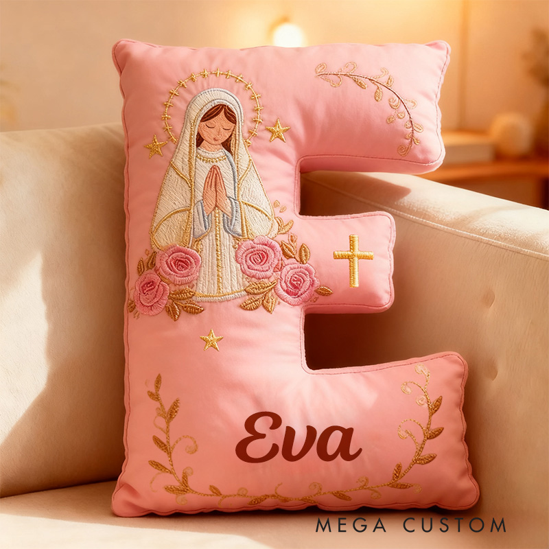 Personalized Virgin Mary Pink Letter Pillow with Custom Name Catholic Home Decor Religious Gift for Her Catholic Gift for Women Graphic 3D Print Pillow