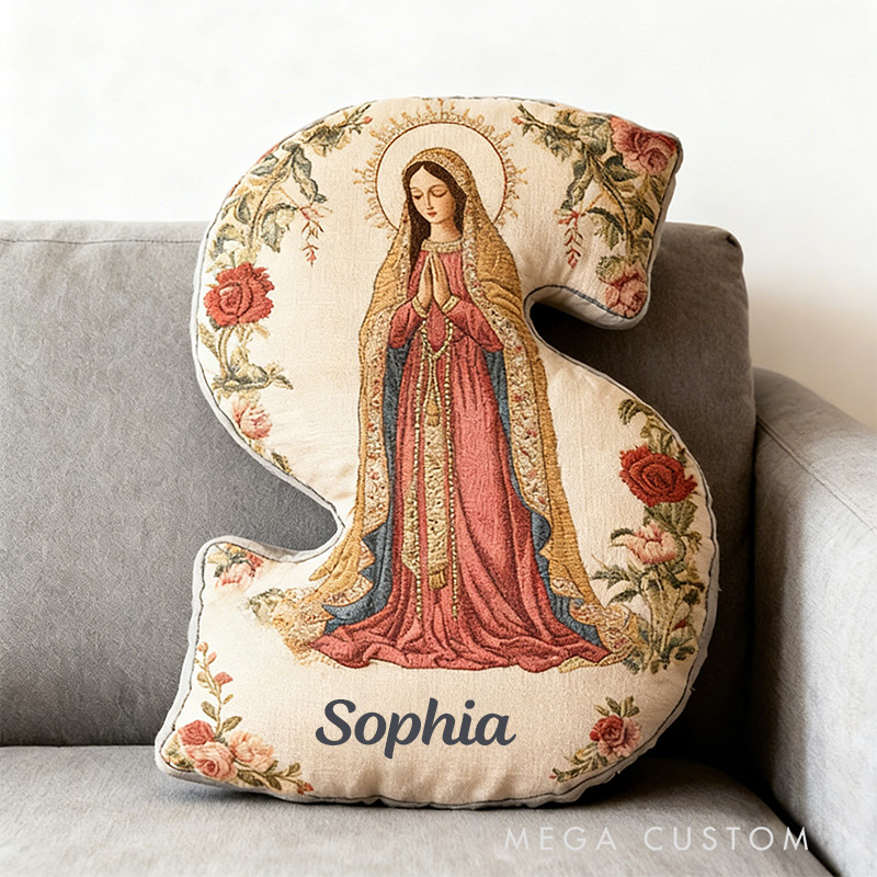 Personalized Our Lady of Guadalupe Rose Floral Graphic 3D Print Letter Pillow with Custom Name Religious Home Decor Catholic Gift for Women