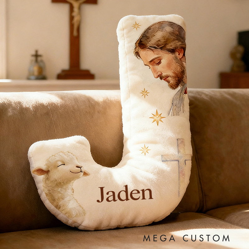 Personalized Jesus Lamb Letter Pillow with Custom Name Religious Home Decor Graphic 3D Print Pillow Christian Gift Faith Gift 