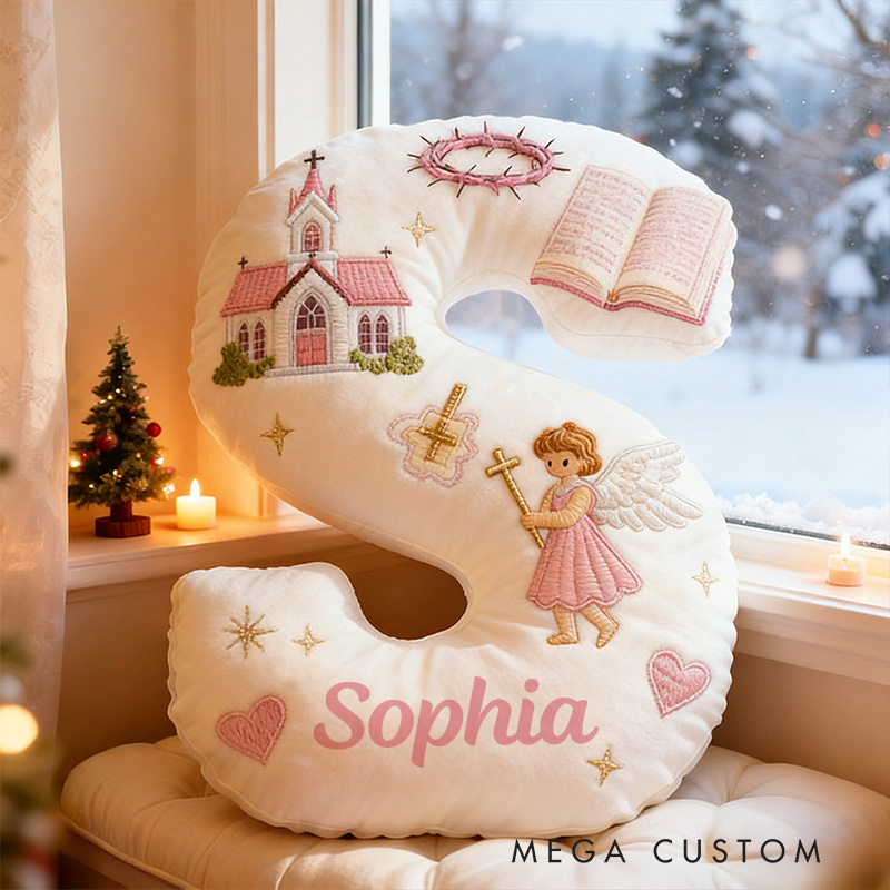 Personalized Little Angel Letter Pillow with Custom Name Kid Room Decor Church Cross Angel Bible Religious Faith Gift for Her Graphic 3D Print Pillow
