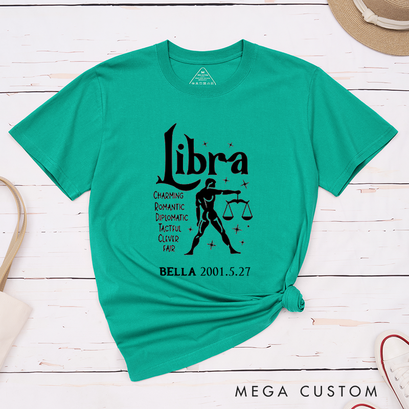 Personalized Libra Zodiac Classic T-Shirt for Women and Men Custom Birthday Gift Horoscope Graphic Unique Astrology Tee