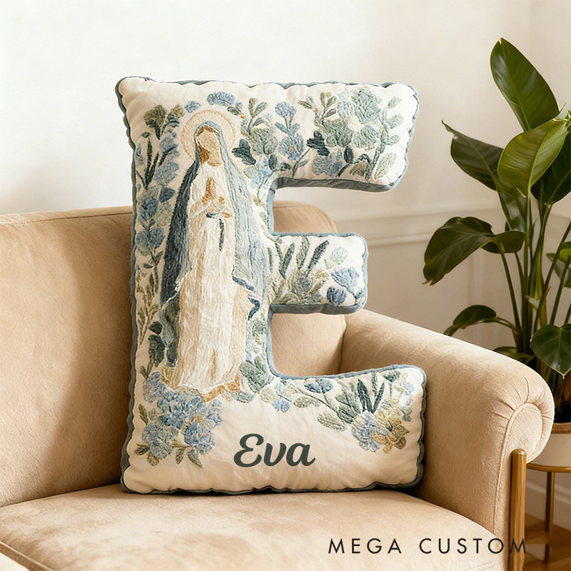 Personalized Blessed Mother of God Floral Virgin Mary Graphic 3D Print Letter Pillow with Custom Name Faith Home Decor Catholic Gift for Women