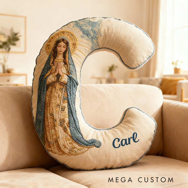 Personalized Virgin Mary Blue Letter Pillow with Custom Name Religious Home Decor Catholic Gift for Her Prayer Faith Gift Graphic 3D Print Pillow