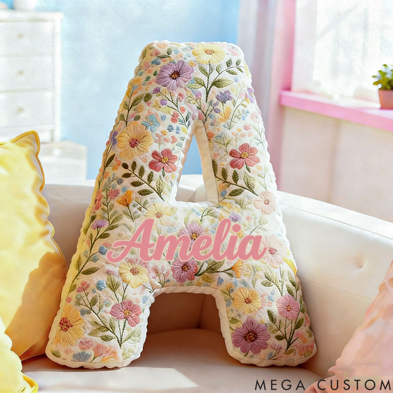 Personalized Flower Girl Delicate Floral 26 Letters Pillow Custom Girl friend Name Graphic 3D Printed Cushion Christmas Valentine's Day Gift for Her