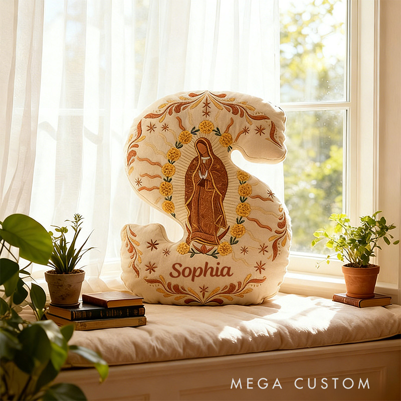 Personalized Our Lady of Guadalupe Marigold Letter Pillow with Custom Name Home Decor Religious Gift Catholic Gift for Women Graphic 3D Print