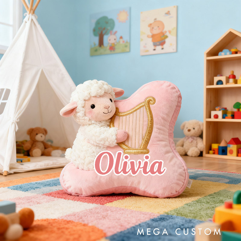 Personalized Graphic 3D Print Pink-White Sheep & Harp Pillow With Your Own Name Soft Stuffed Toy for Kids Unique Decorative Cushion for Girls' Room