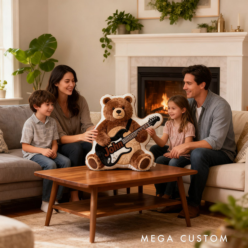 Personalized Graphic 3D Print Brown Bear & Electric Guitar Pillow With Your Own Name Soft Stuffed Toy for Kids Unique Decorative Cushion for Boys' Room and Playroom