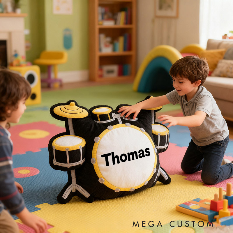 Personalized Graphic 3D Print Drum Set Pillow With Your Own Name Soft Stuffed Toy for Kids Unique Decorative Cushion for Boys' Room and Music Room