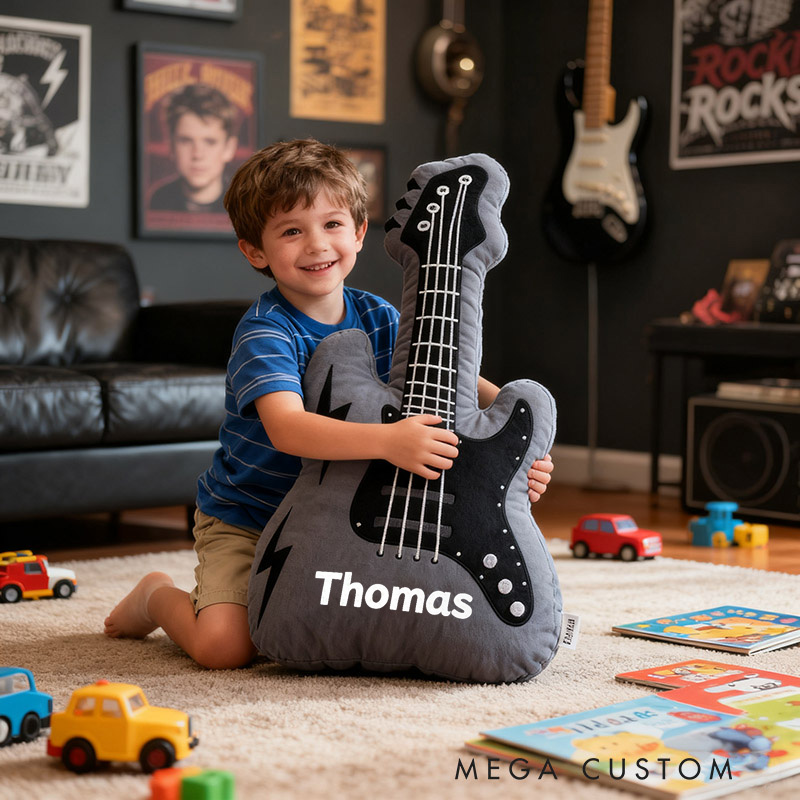 Personalized Graphic 3D Print Electric Guitar Pillow With Your Own Name Soft Stuffed Toy for Rock Music Lovers Unique Decorative Cushion for Boys' Room and Music Room