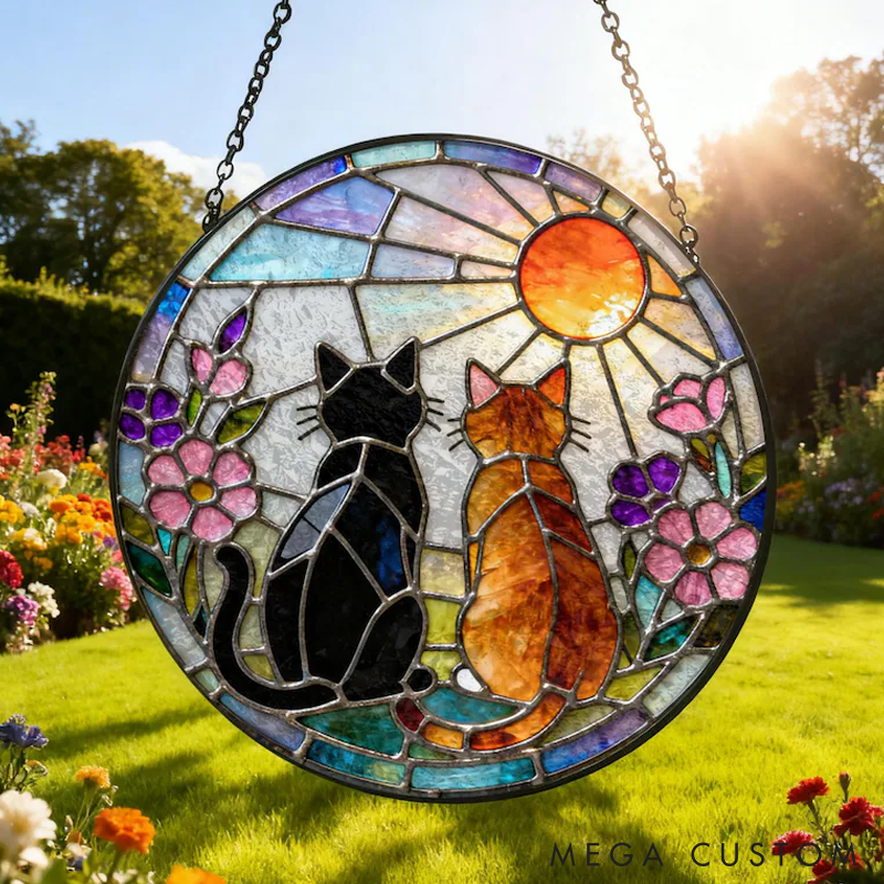 Personalized Cat Lover Charming Black Orange Cat Couple Sun Catcher