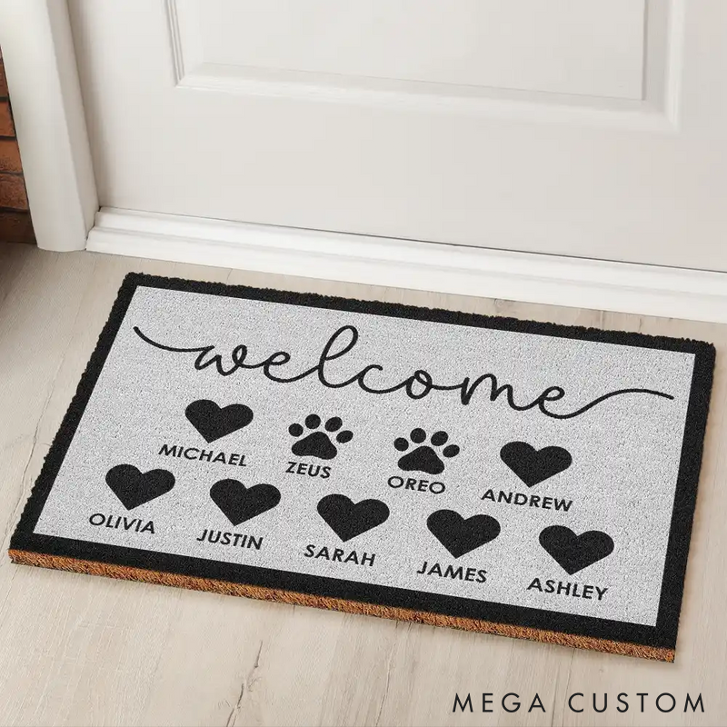 Personalized Pet Lover Welcome Family Heart Pawprints Doormat