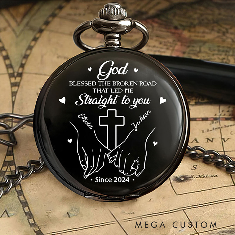 Personalized God Blessed the Broken Road that Led me Straight to you Pocket Watch with Custom Name Cross Pocket Watch Religious Gift for Couple Valentine's Day Gift
