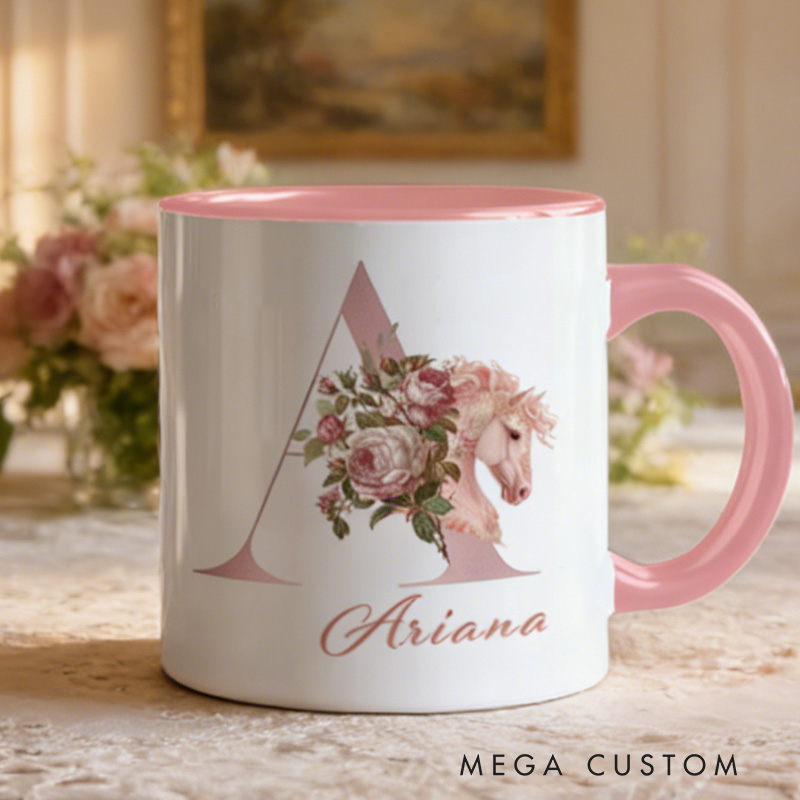 Personalized Initials 26 Letter Equestrian Mug Pink Flowers Horse Coffee Gift for Riding Lovers Equestrian Lovers
