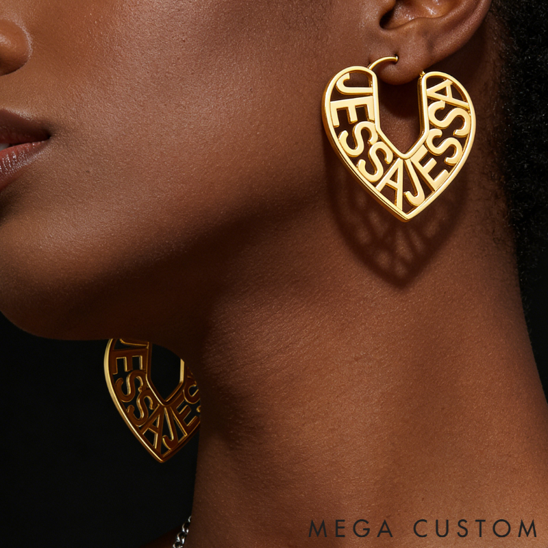 Personalized Custom Name Engraved Heart Outline Dangle Earrings