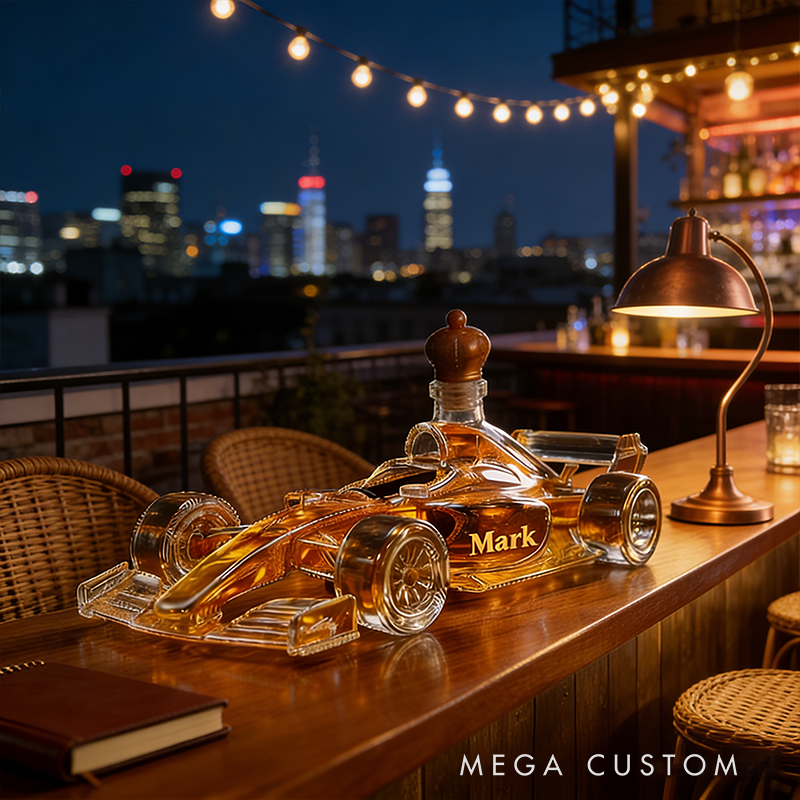 Personalized Racecar Whiskey Decanter Custom Name Glass Car Bottle Gift for Racing and Whiskey Lovers