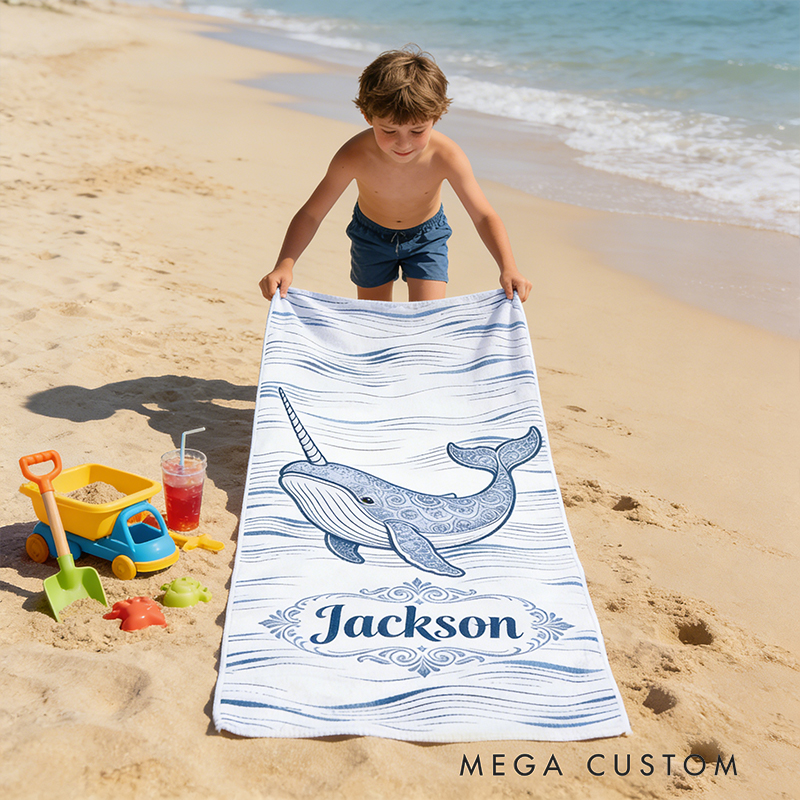 Personalized Custom Ocean Animal Beach Towel - Personalized whale Monogrammed Beach Towel for Kids & Adults, Quick-Dry Beach Pool Towel with Coastal Wave Design