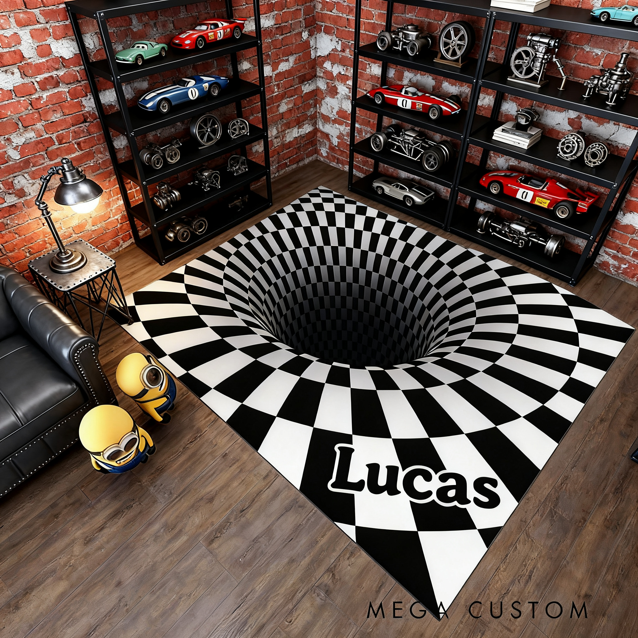 Personalized Race Track 3D Checkered Rug Custom Name Trippy Hole Carpet Racing Style Floor Mat for Racers Room and Racing Enthusiasts