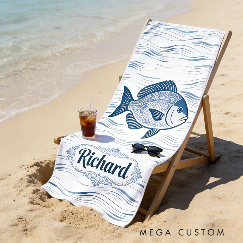 Personalized Custom Fish Design Beach Towel - Personalized Monogrammed Coastal Wave Beach Towel, Quick-Dry Absorbent Pool Towel for Summer