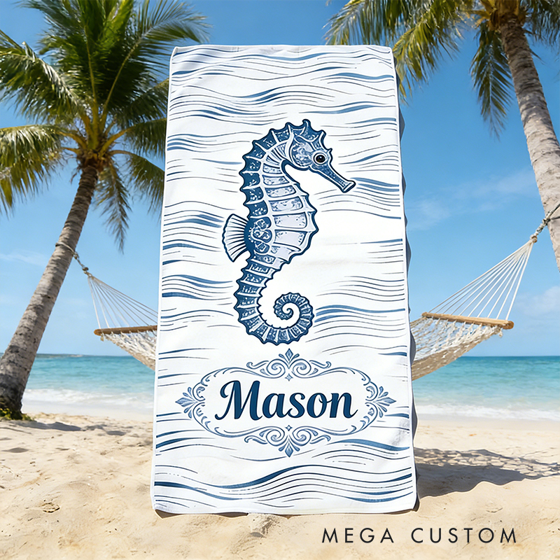 Personalized Custom Seahorse Beach Towel - Personalized Monogrammed Coastal Wave Towel, Quick-Dry Absorbent Pool/Beach Towel