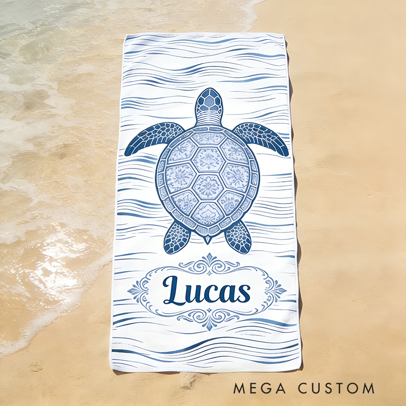 Personalized Custom Ocean Animal Beach Towel - Personalized sea ​​turtle Monogrammed Beach Towel for Kids & Adults, Quick-Dry Beach Pool Towel with Coastal Wave Design