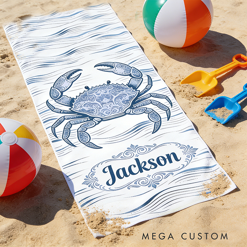 Personalized Custom Ocean Animal Beach Towel - Personalized Crab Monogrammed Beach Towel for Kids & Adults, Quick-Dry Beach Pool Towel with Coastal Wave Design