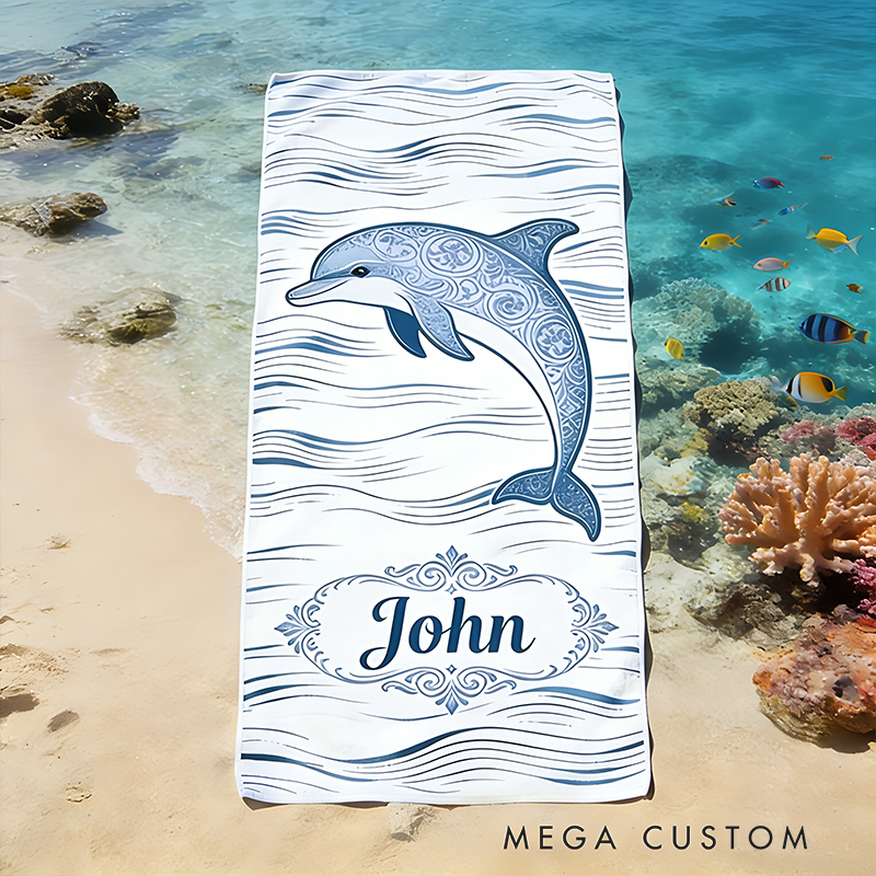 Personalized Custom Ocean Animal Beach Towel - Personalized dolphin Monogrammed Beach Towel for Kids & Adults, Quick-Dry Beach Pool Towel with Coastal Wave Design