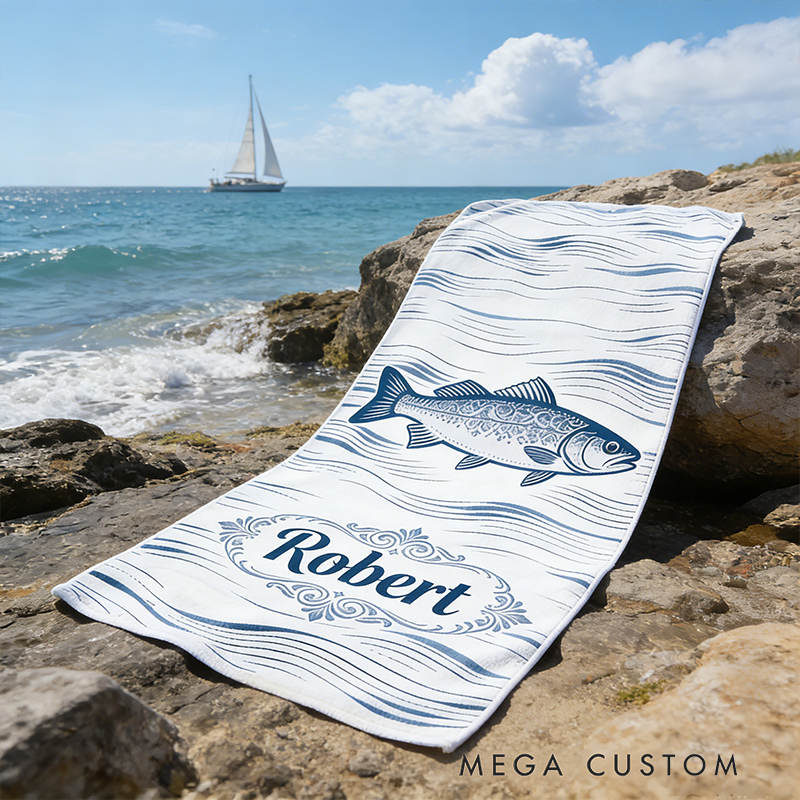 Personalized Custom Ocean Animal Beach Towel - Personalized Striped Bass Monogrammed Beach Towel for Kids & Adults, Quick-Dry Beach Pool Towel with Coastal Wave Design