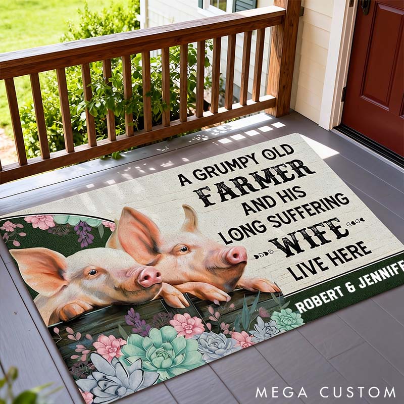 Personalized Piggy Farmer Couple Doormat Grumpy Farmer and Long-Suffering Wife Couple Farm Door Mat Couple Piggy Love Mat 