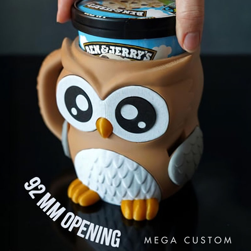Owl Ice Cream Pint Holder 3D Printed with Spoon Slots & Snack Drawer