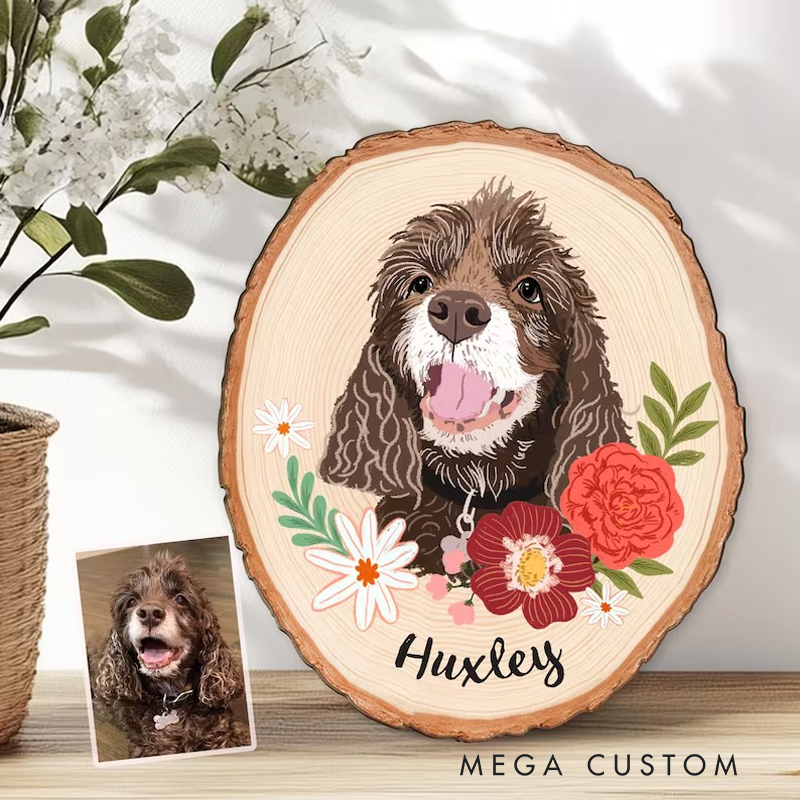 Personalized Custom Pet Portrait on Wood Slice Personalized Pet Painting from Photo Floral Themed Pet Keepsake Gift for Pet Lovers
