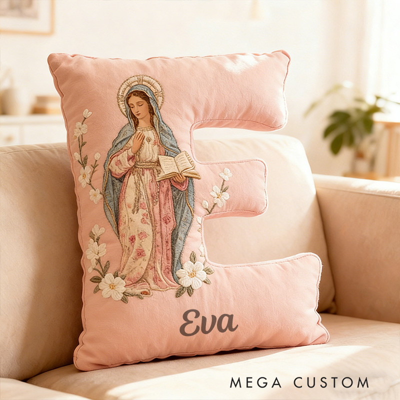Personalized Virgin Mary Floral Letter Pillow with Custom Name Catholic Home Decor Religious Gift for Her Blessed Faith Gift Graphic 3D Print Pillow