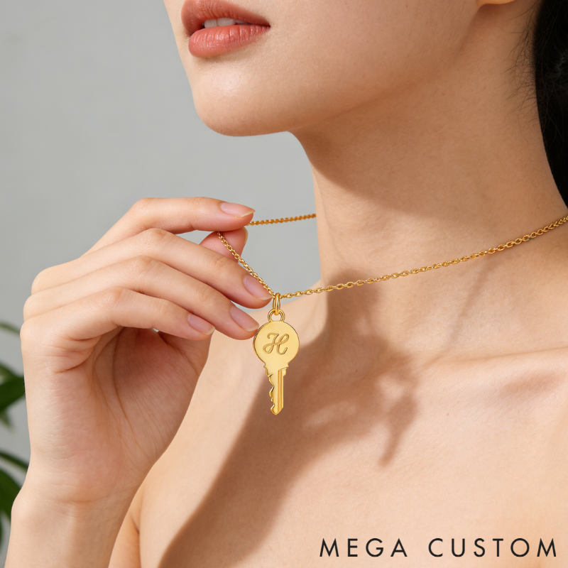 Personalized Sterling Silver Key-Shaped Initial Engraved Necklace